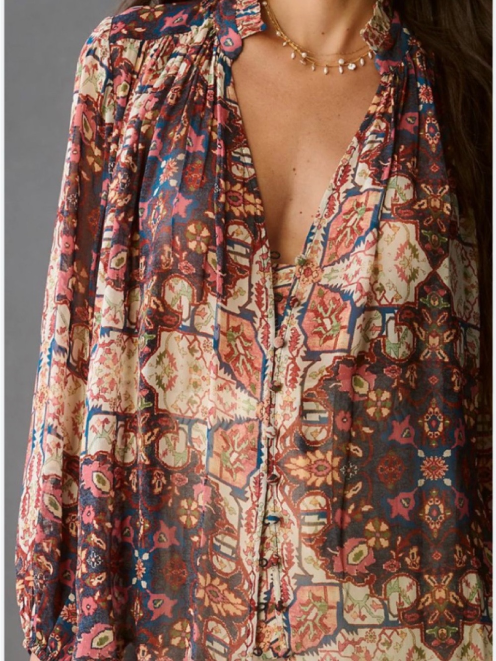 Anthropologie Estela Sheer Printed Blouse Medium Boho Rug Print Balloon Sleeve